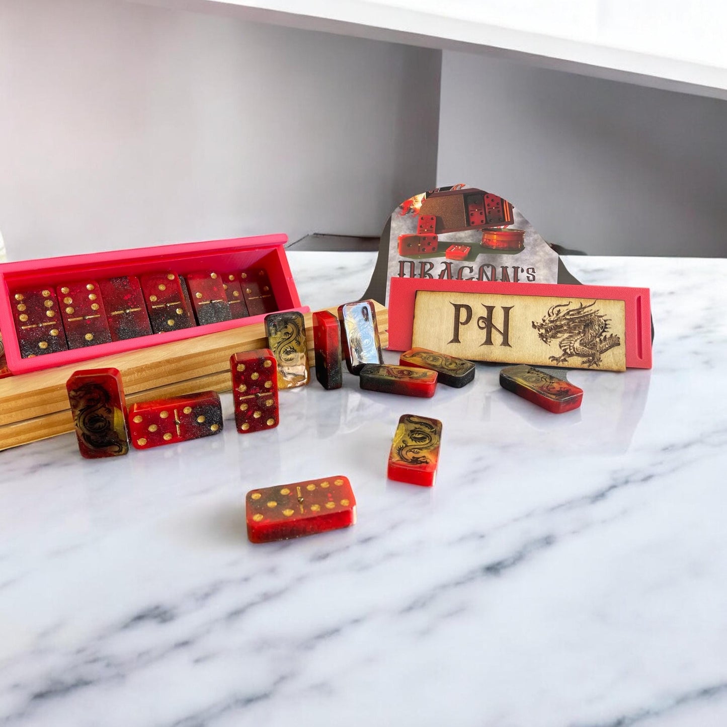 dragons breath domino set with wood personalization double 6 ,9 and 12 are available