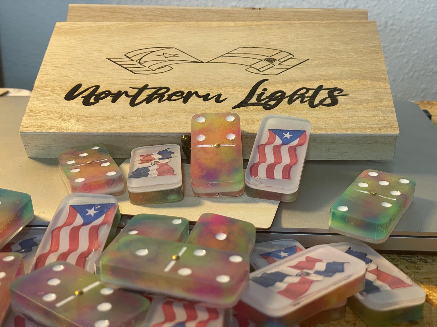 Puerto Rico and Dominican Republic flag custom Northern lights  glow dominos